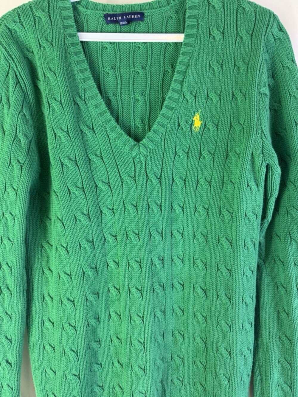 Vintage 90s Ralph Lauren Cable Knit Fisherman V Neck Sweater - Picture 3 of 6